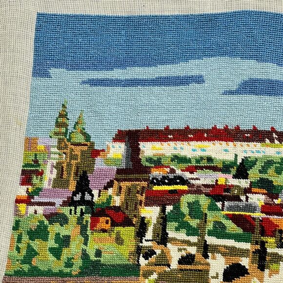 VTG Needlepoint Charles Bridge Prague Canal Village European Embroidery 18”x28” - Picture 2 of 16
